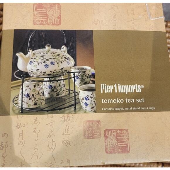 VTG Pier One Tomoko Tea Set w/ Metal Carrier Porcelain Floral Pattern Blue Green - Picture 2 of 5